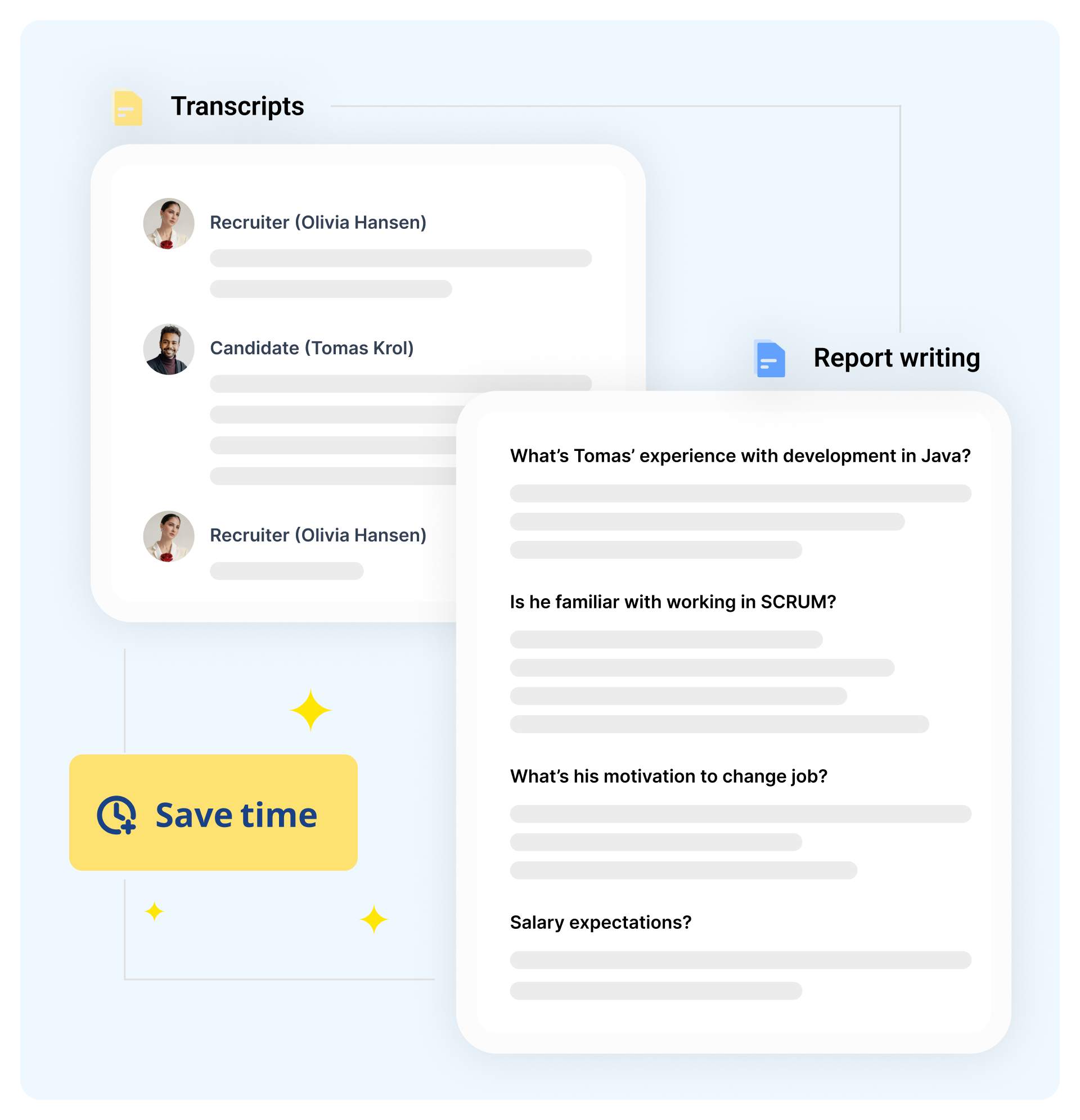 Illustration of ReCo's real-time transcription feature, showing a recruiter and candidate conversation turning into a structured report.