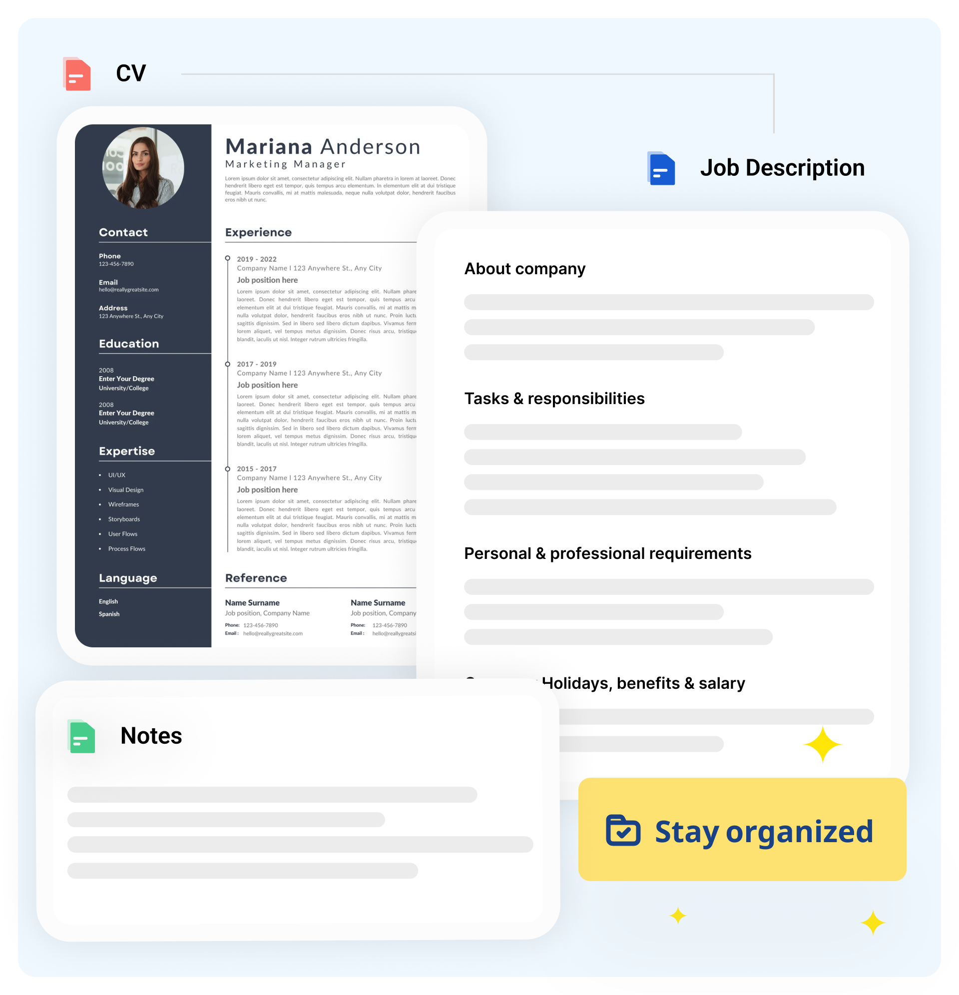 ReCo workspace interface showing a candidate's CV, job description, and interview notes displayed together in one organized view, with a 'Stay organized' label.